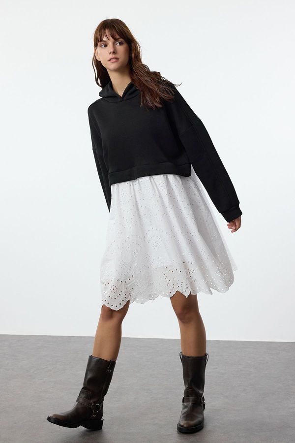 Trendyol Trendyol Black Hooded Zippered Color Block Embroidered Detailed Mini Knit Dress