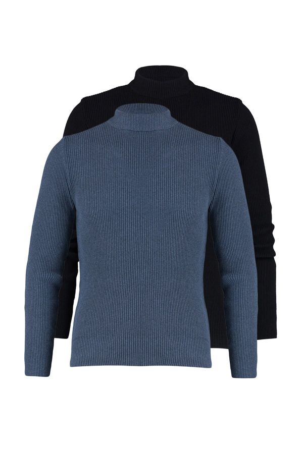 Trendyol Trendyol Black-Indigo Fitted Cotton Slim Half Turtleneck Elastic Knit 2-Pack Knitwear Sweater