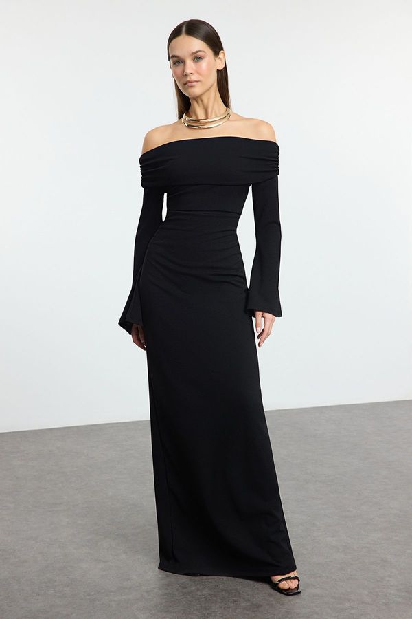 Trendyol Trendyol Black Knitted Carmen Neckline Long Stylish Evening Dress