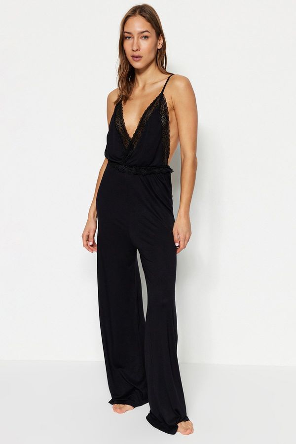 Trendyol Trendyol Black Lace and Back Detailed Rope Strap Knitted Jumpsuit