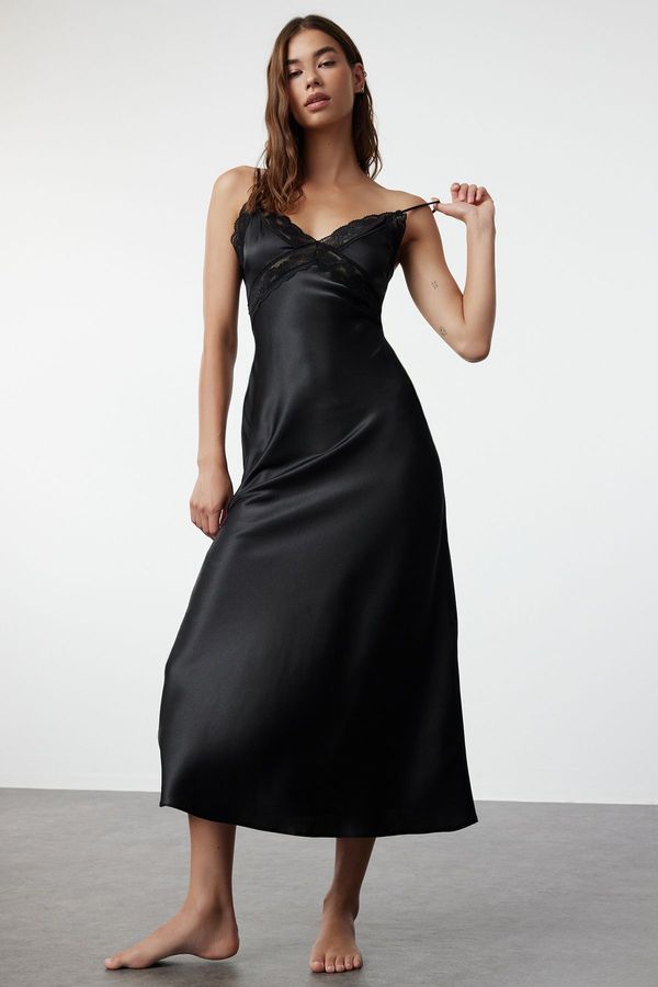 Trendyol Trendyol Black Lace Back Detailed Rope Strap Satin Woven Nightgown