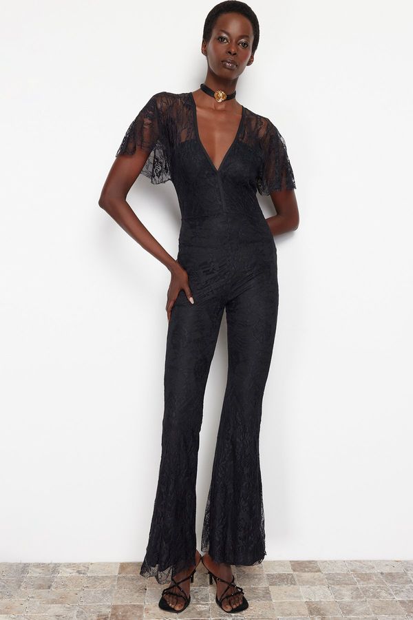 Trendyol Trendyol Black Lace Collar Detailed Jumpsuit