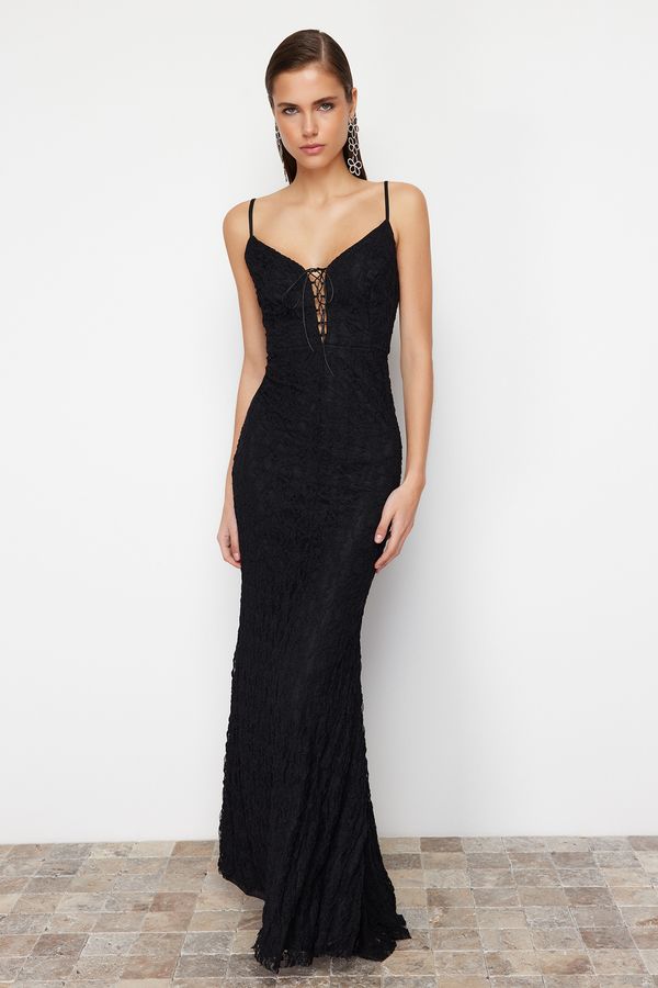 Trendyol Trendyol Black Lace Detailed Knitted Lace Long Evening Dress