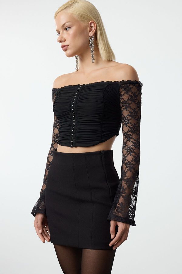 Trendyol Trendyol Black Lace Knitted Blouse with Hooks