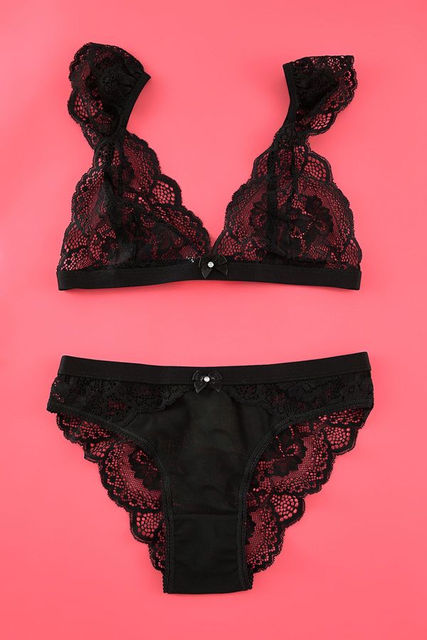 Trendyol Trendyol Black Lace Ribbon/Bow Uncovered Knitted Underwear Set