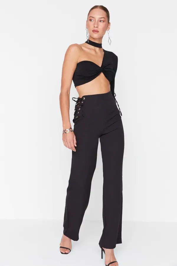 Trendyol Trendyol Black Lace-Up Detajl tkane hlače