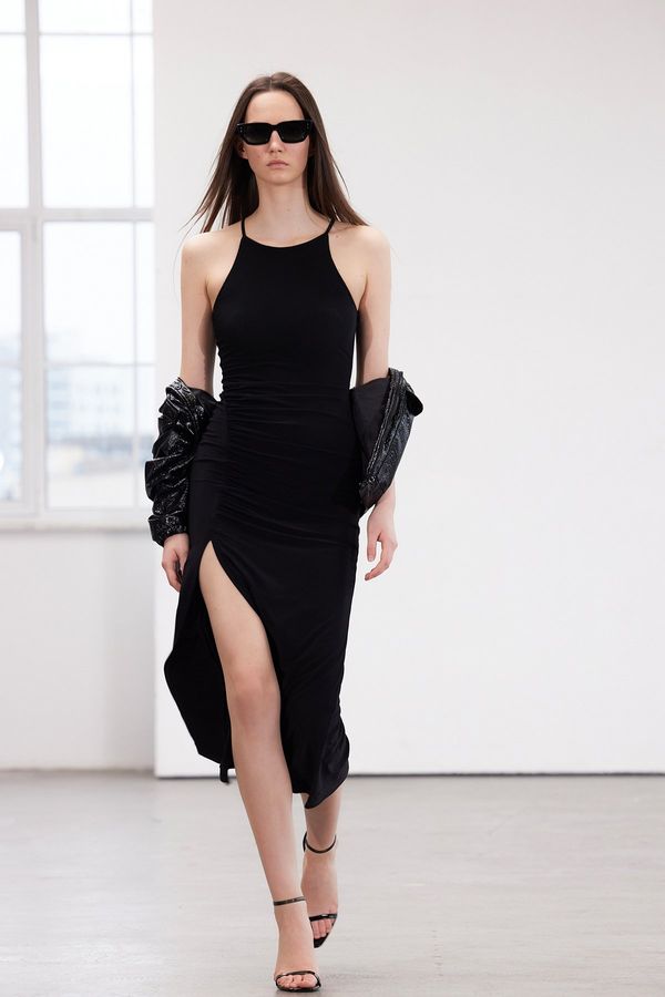 Trendyol Trendyol Black Limited Edition Barbell Neck Draped Bodycon Stretchy Maxi Pencil Knit Dress