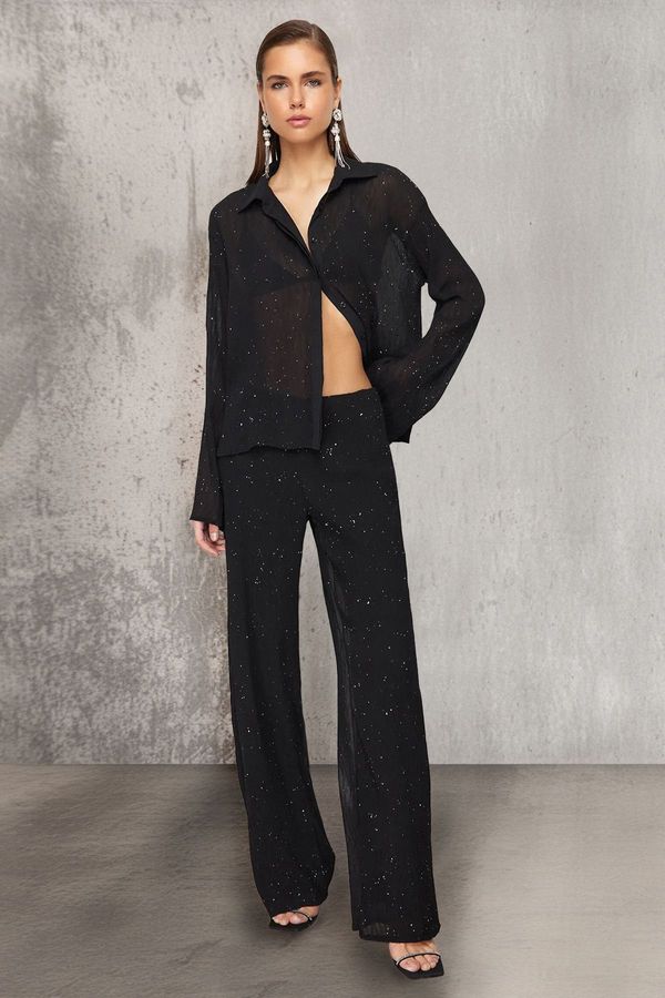 Trendyol Trendyol Black Lined Shiny Woven Chiffon Trousers