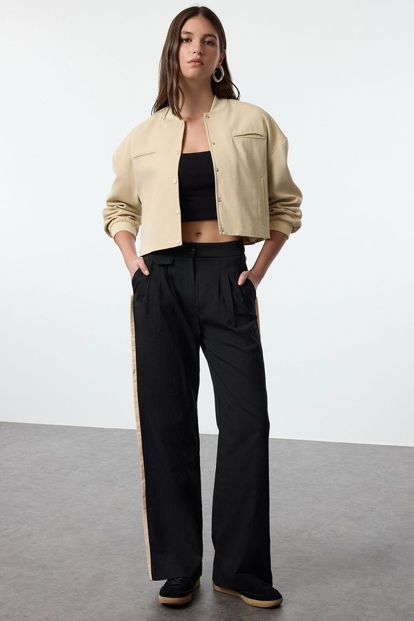 Trendyol Trendyol Black Linen Look Wide Leg Trousers with Side Stripe Detail