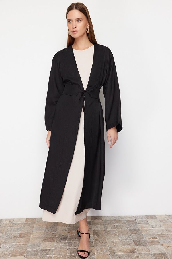Trendyol Trendyol Black Linen Look Woven Kimono & Kaftan with Tie-Up Detail on the Waist