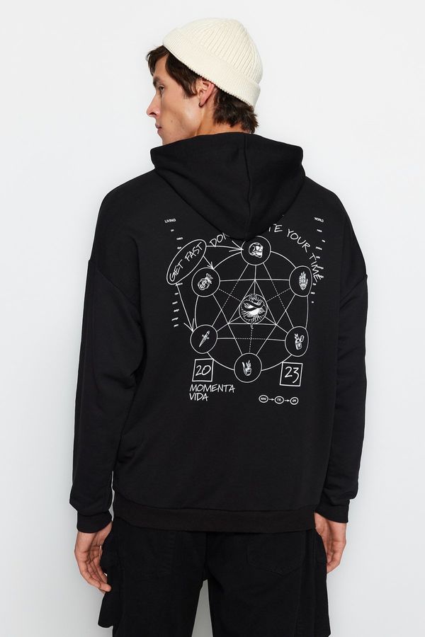 Trendyol Trendyol Black Men's Oversize/Wide-Fit Hoodie. Mystical Front/Back Printed Thick Cotton Sweatshirt.