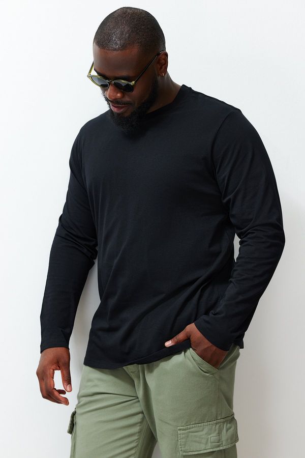 Trendyol Trendyol Black Men's Plus Size udobna 100% bombažna majica z dolgimi rokavi / običajna majica.