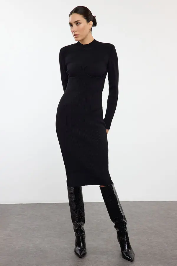 Trendyol Trendyol Black Midi Knitwear Corset Detail Soft Texture Dress