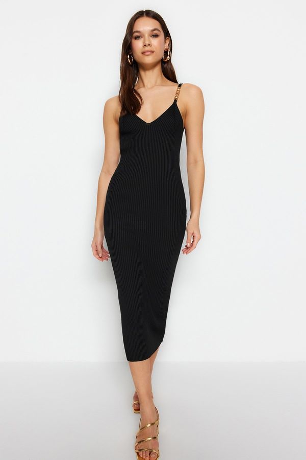 Trendyol Trendyol Black Midi Knitwear Dress with Metal Accessory Detail