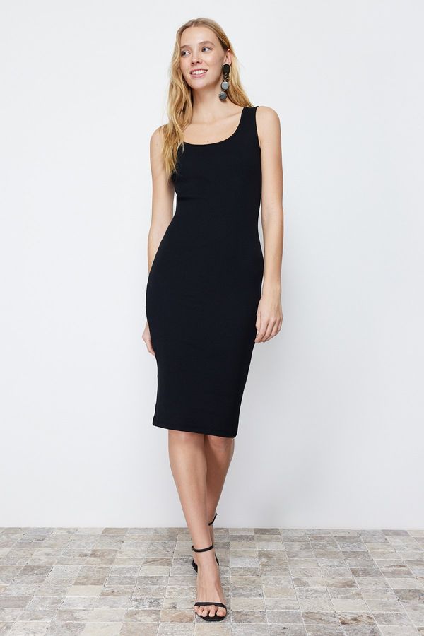 Trendyol Trendyol Black Midi Pool Neck Ribbed Flexible Knitted Midi Dress