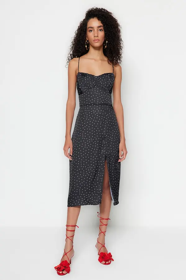Trendyol Trendyol Black Midi tkana Strappy Polka Dot tkana obleka
