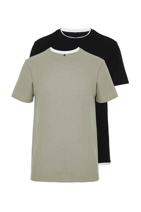 Trendyol Trendyol Black-Mint Regular/Normal Fit 2-Pack Textured 100% Cotton T-Shirt