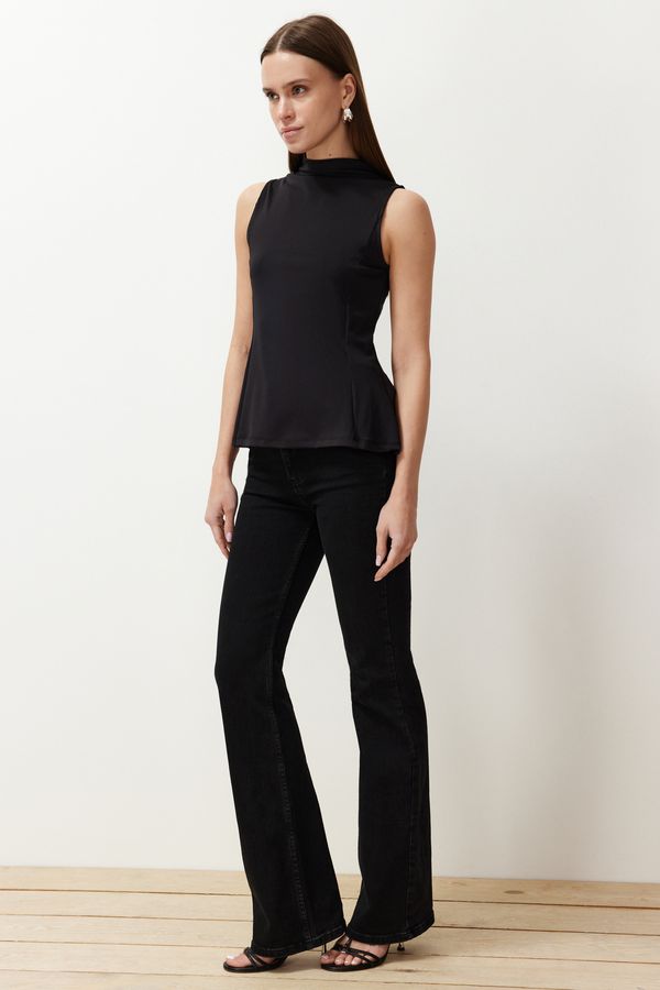 Trendyol Trendyol Black More Sustainable High Neck Hem Flounce Fitted Flexible Knitted Blouse