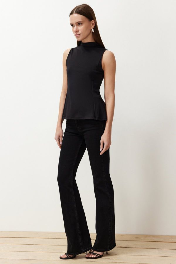 Trendyol Trendyol Black More Sustainable High Neck Hem Flounce Fitted Flexible Knitted Blouse