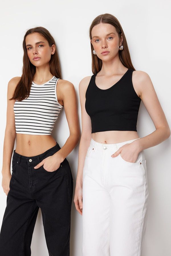 Trendyol Trendyol Black-Multicolor 2-Pack Fitted/Fitted Crop Corded Flexible Knitted Tank Top