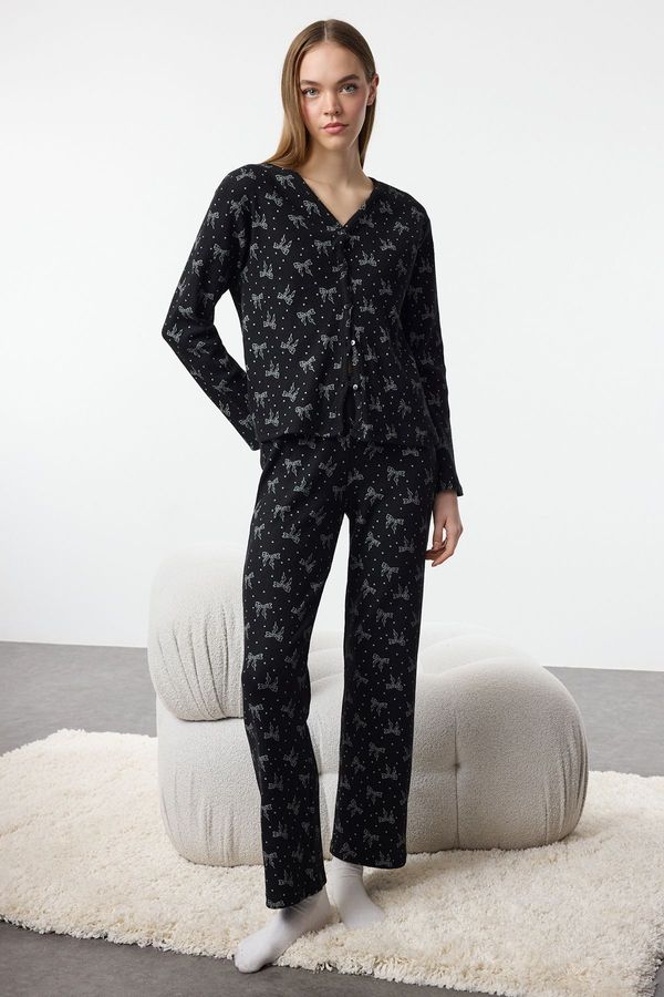 Trendyol Trendyol Black-Multicolored Brushed Soft Ribbon/Bow Ribbed Cardigan Knitted Pajama Set