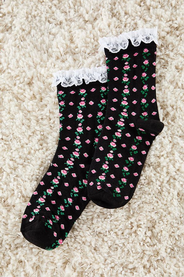 Trendyol Trendyol Black-Multicolored Floral Lace Detailed Jacquard Knit Socks