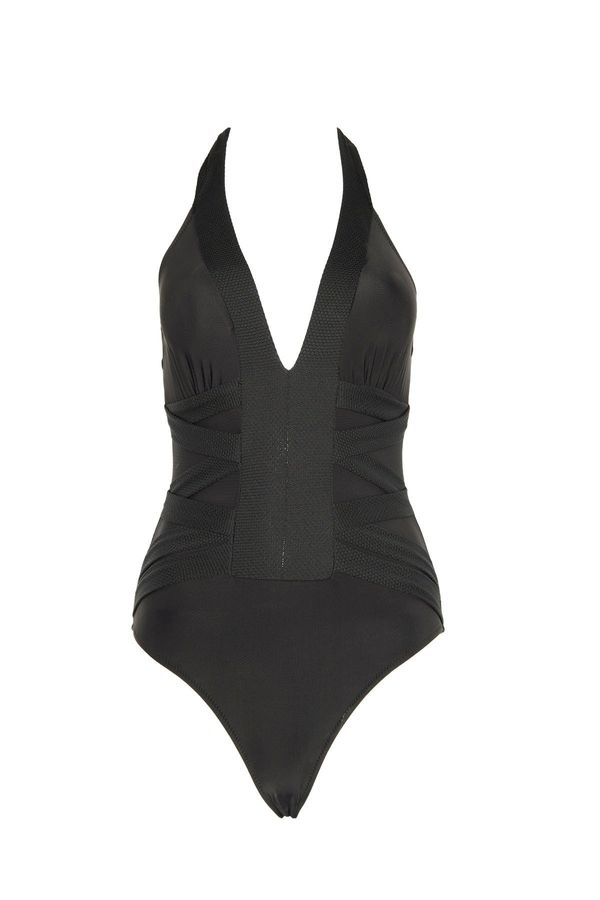 Trendyol Trendyol Black Neck-Bound Textured Swimsuit