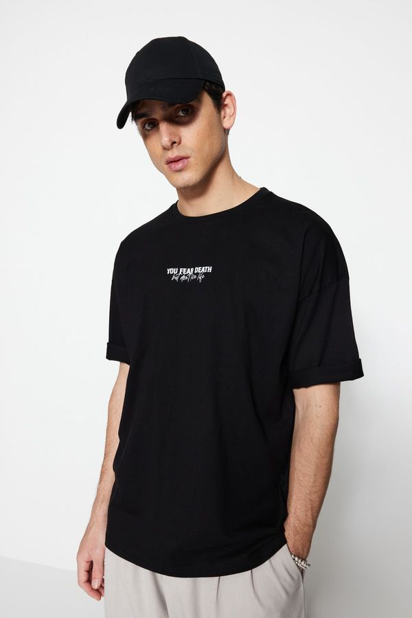 Trendyol Trendyol Black Oversize 100% Cotton Minimal Text Printed T-Shirt