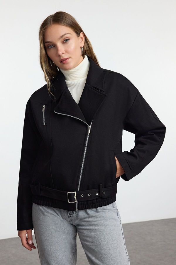 Trendyol Trendyol Black Oversize Belted Gabardine Biker Thin Jacket Coat