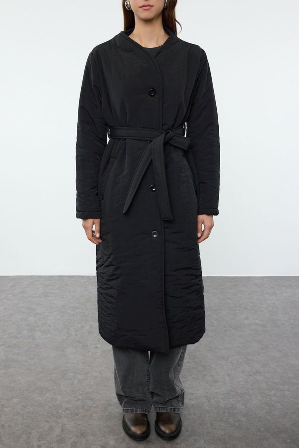 Trendyol Trendyol Black Oversize Belted Water Repellent Long Quilted Puffer Coat