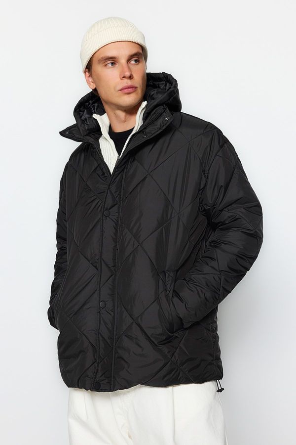 Trendyol Trendyol Black Oversize Fit Hooded Water and Wind Resistant Lightweight Quilted Coat