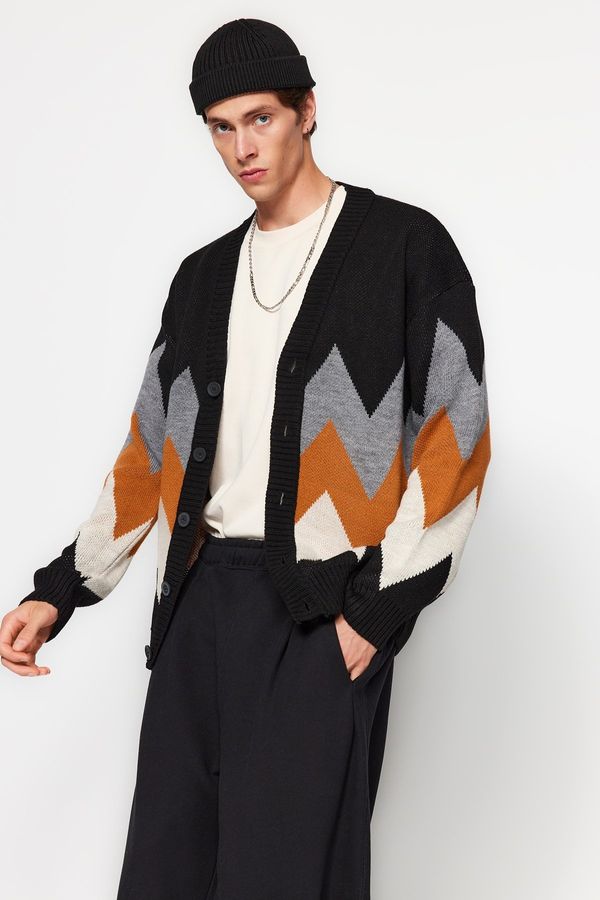 Trendyol Trendyol Black Oversize Fit Wide Pattern Multicolored Cardigan