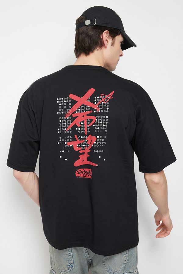 Trendyol Trendyol Black Oversize Short Sleeve Far Eastern Embroidery/Back Print T-shirt