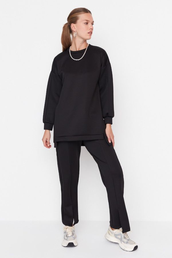 Trendyol Trendyol Black Oversize Slit Detailed Scuba Tunic-Pants Knitted Bottom-Top Set