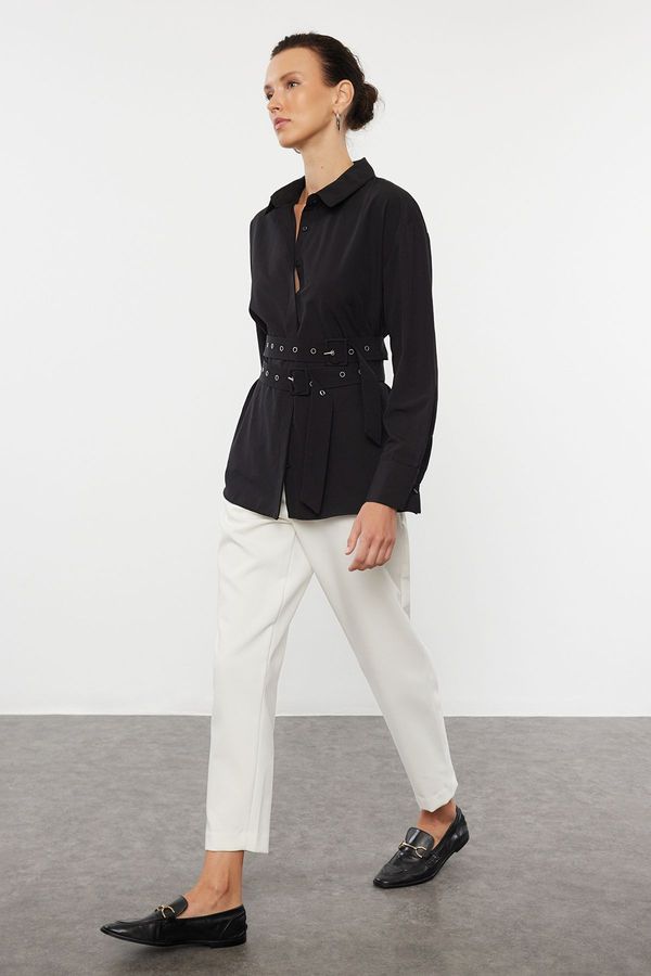 Trendyol Trendyol Black Oversize Wide Fit Woven Shirt with Belt Detail