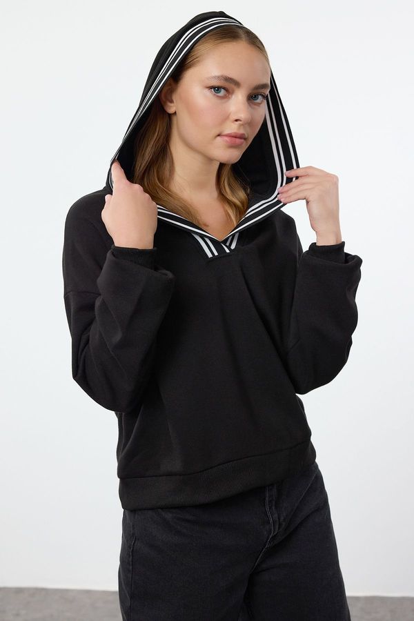 Trendyol Trendyol Black Oversized Pattern Thick Inside Fleece Hooded Knitwear Knitted Sweatshirt with Tape Detail