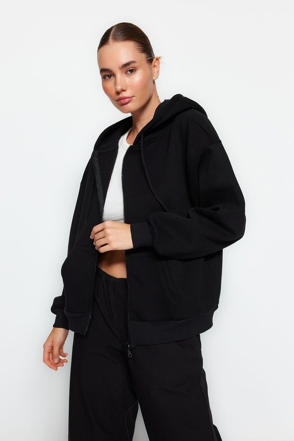 Trendyol Trendyol Black Oversize/Relaxed Fit Basic Hooded Thick Inside Fleece Knitted Sweatshirt