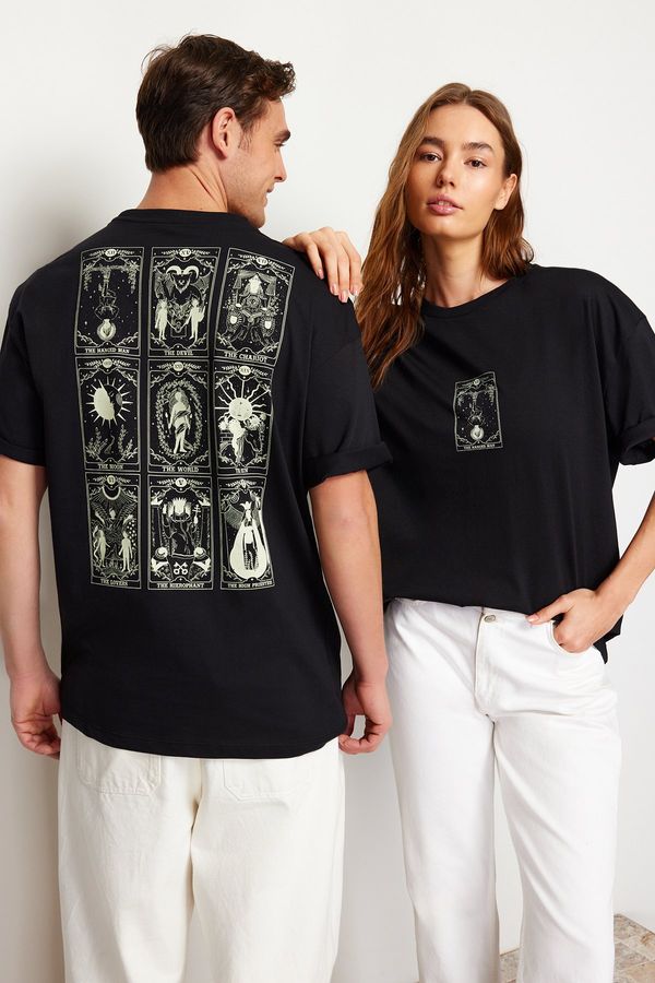 Trendyol Trendyol Black Oversize/Wide Cut 100% Tarot Printed T-Shirt