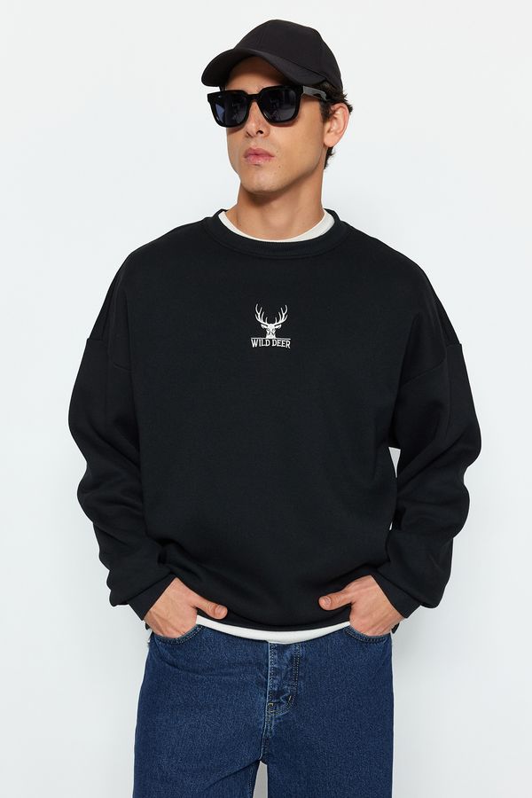 Trendyol Trendyol Black Oversize/Wide Cut Crew Neck Long Sleeve Animal Embroidered Sweatshirt