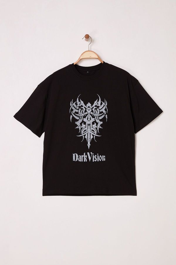 Trendyol Trendyol Black Oversize/Wide Cut Crew Neck Printed 100% Cotton T-Shirt