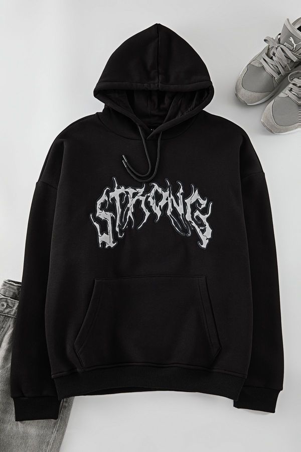 Trendyol Trendyol Black Oversize/Wide Cut Fleece Hooded Sweatshirt with Text Embroidery