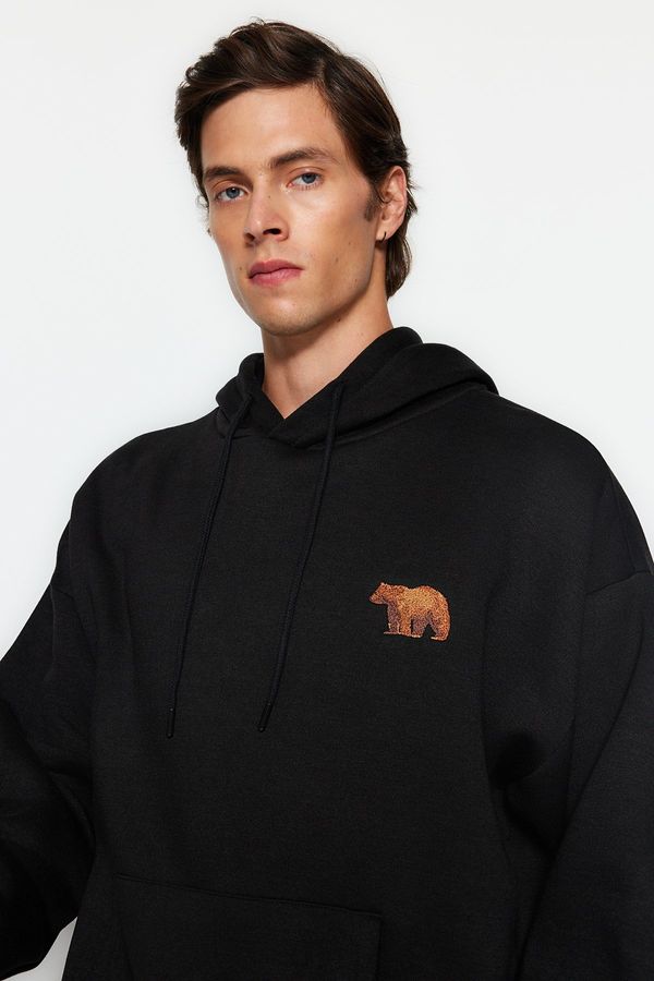 Trendyol Trendyol Black Oversize/Wide Cut Hooded Animal Embroidery Fleece/Warm Sweatshirt