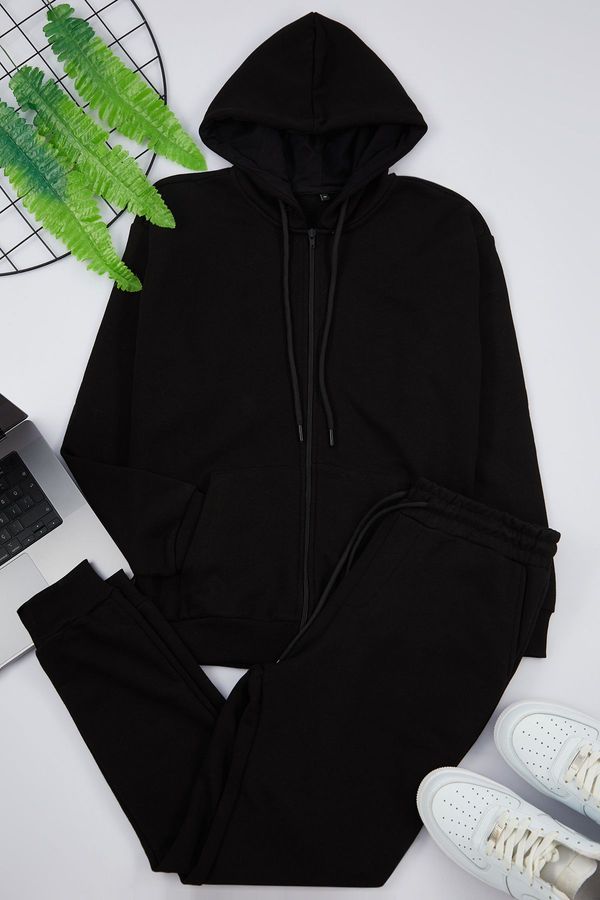 Trendyol Trendyol Black Oversize/Wide Cut Hooded Basic Tracksuit Set