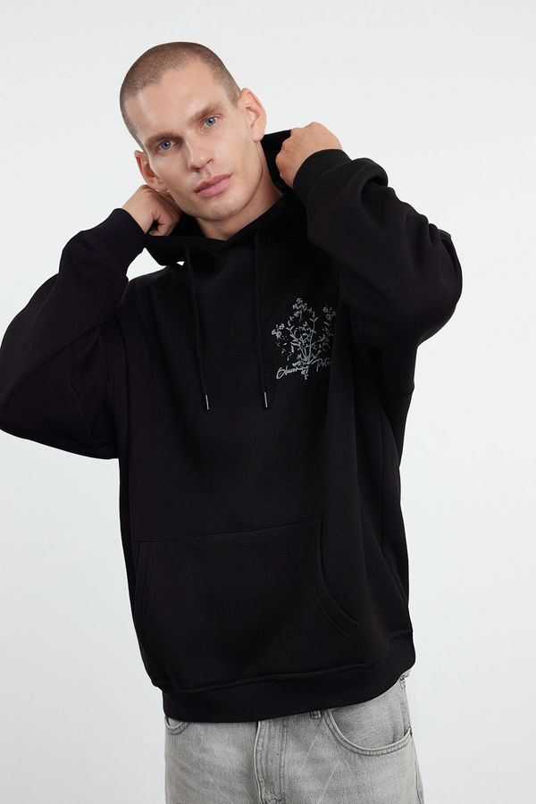 Trendyol Trendyol Black Oversize/Wide Cut Hooded Floral Printed Fleece Sweatshirt