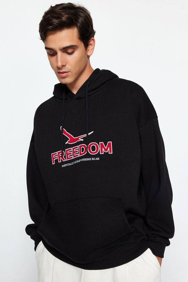 Trendyol Trendyol Black Oversize/Wide Cut Hooded Mesh Embroidered Cotton Sweatshirt with Fleece Inside