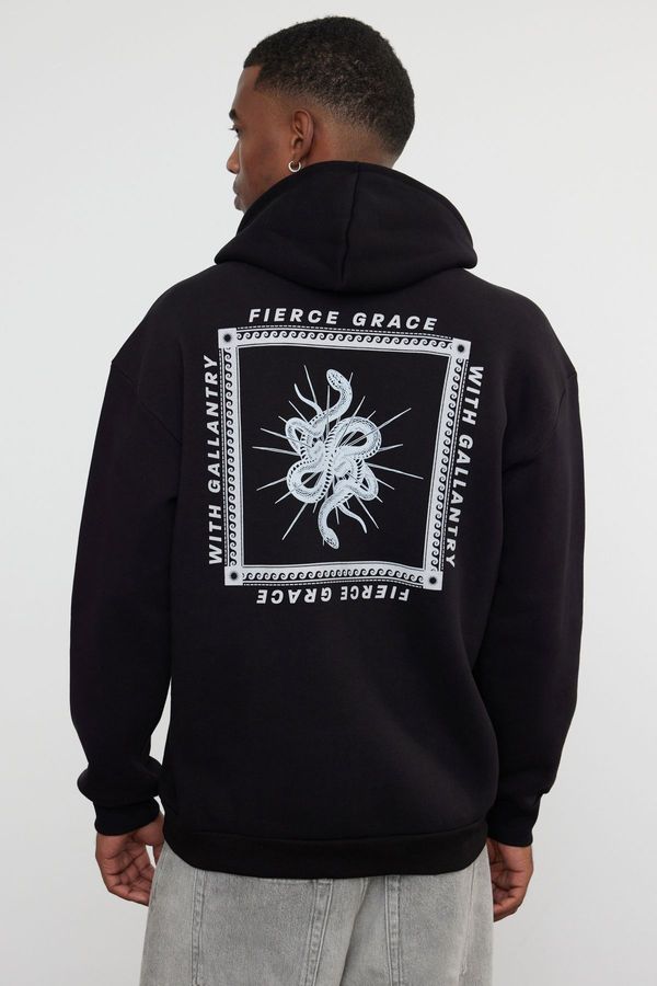 Trendyol Trendyol Black Oversize/Wide Cut Hooded Mystic Printed Fleece/Warm Sweatshirt
