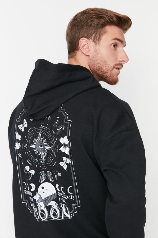 Trendyol Trendyol Black Oversize/Wide Cut Hooded Space Printed Fleece/Warm Sweatshirt