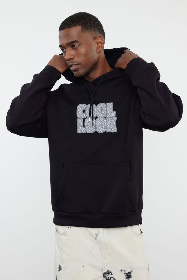 Trendyol Trendyol Black Oversize/Wide Cut Hooded Sweatshirt with Polar Fleece Embroidery