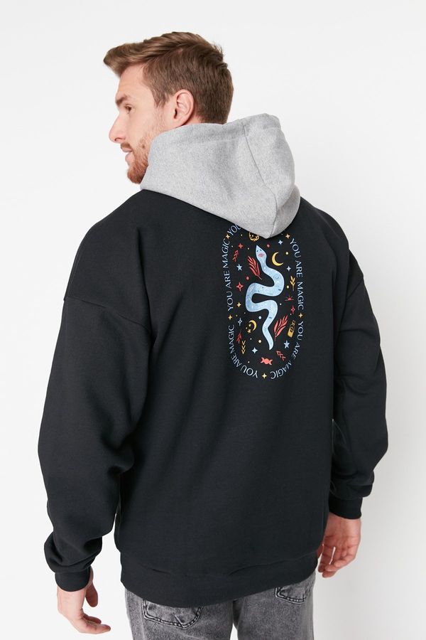 Trendyol Trendyol Black Oversize/Wide Cut Hooded Text Printed Fleece Sweatshirt