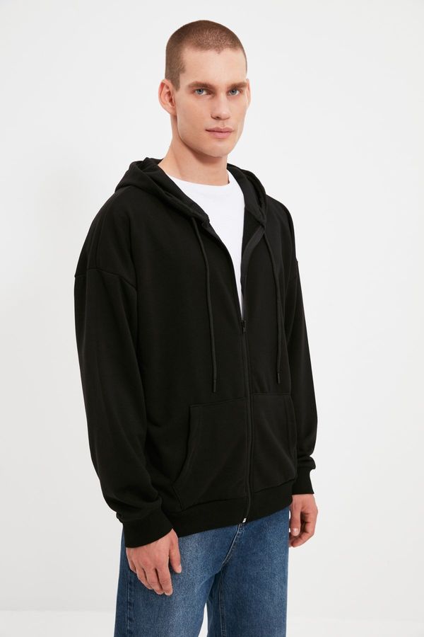 Trendyol Trendyol Black Oversize/Wide Cut Hooded Zippered Thick Basic Sweatshirt-Cardigan
